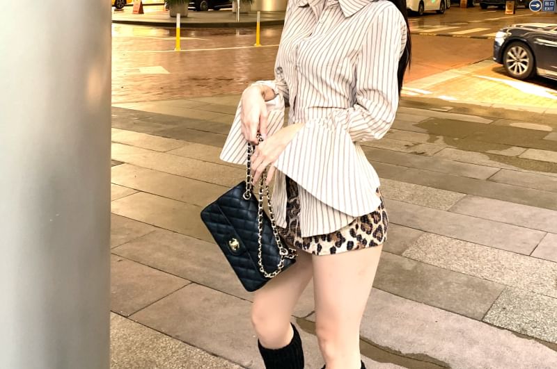 Up High Leopard Collared / Striped Skirt Long-Sleeve Waist Button Mini Pencil Shirt Print