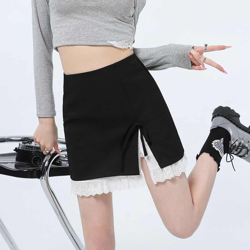 Tone Rise Slit Two Bow High Mini Pencil Skirt