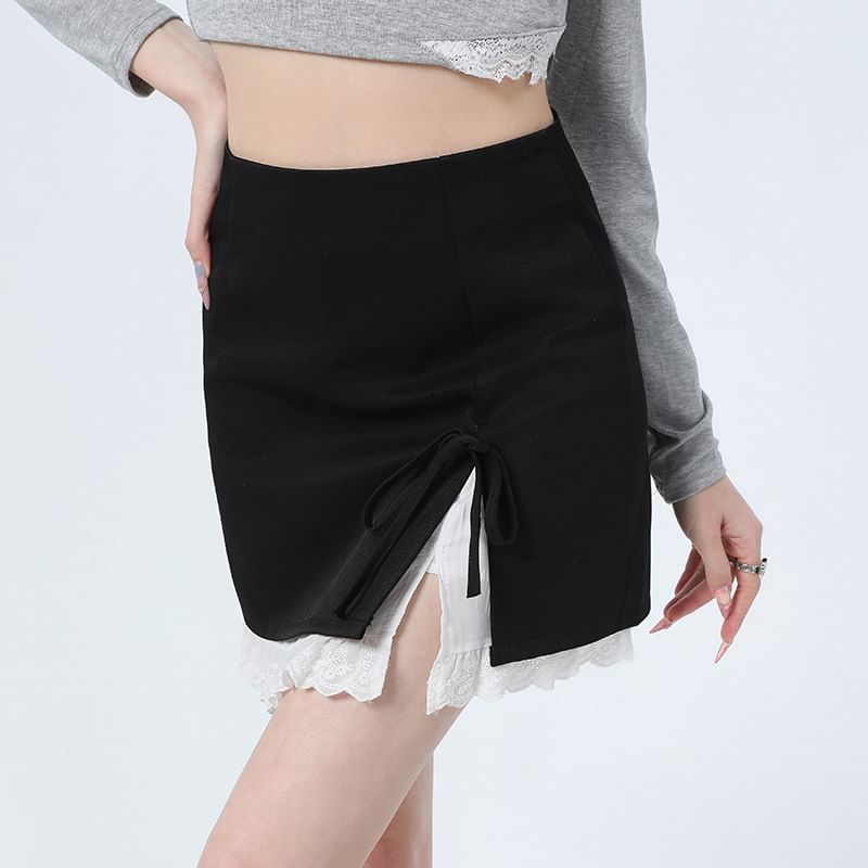 Tone Rise Slit Two Bow High Mini Pencil Skirt