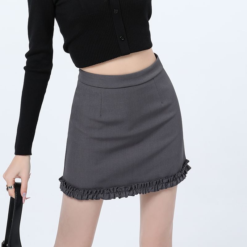 High Plain Trim Waist Ruffle Pencil Skirt Mini