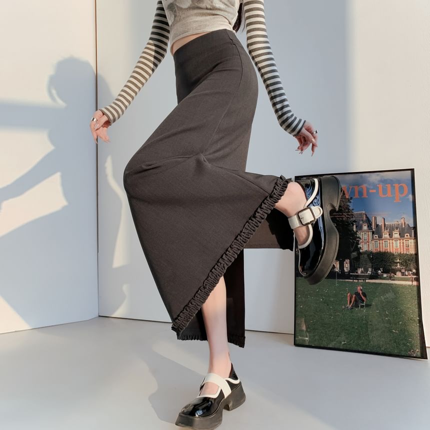 Waist Slit Plain A-Line Ruffle Midi High Skirt Trim