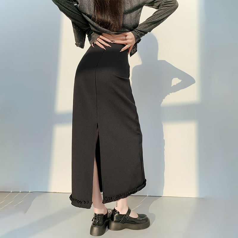 Waist Slit Plain A-Line Ruffle Midi High Skirt Trim