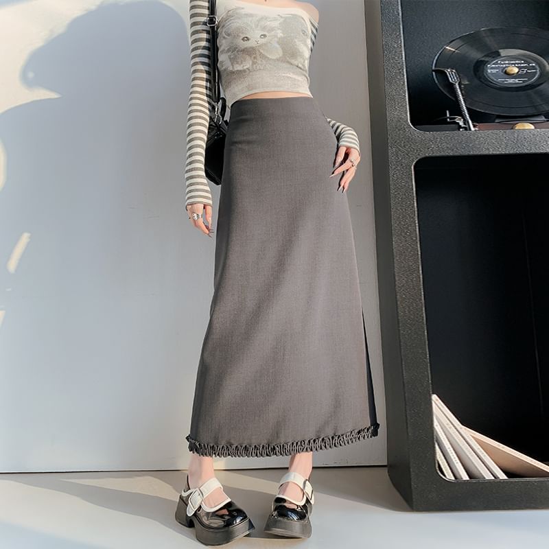Waist Slit Plain A-Line Ruffle Midi High Skirt Trim