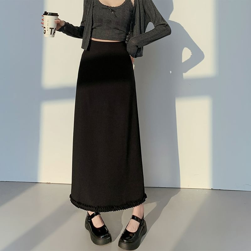 Waist Slit Plain A-Line Ruffle Midi High Skirt Trim