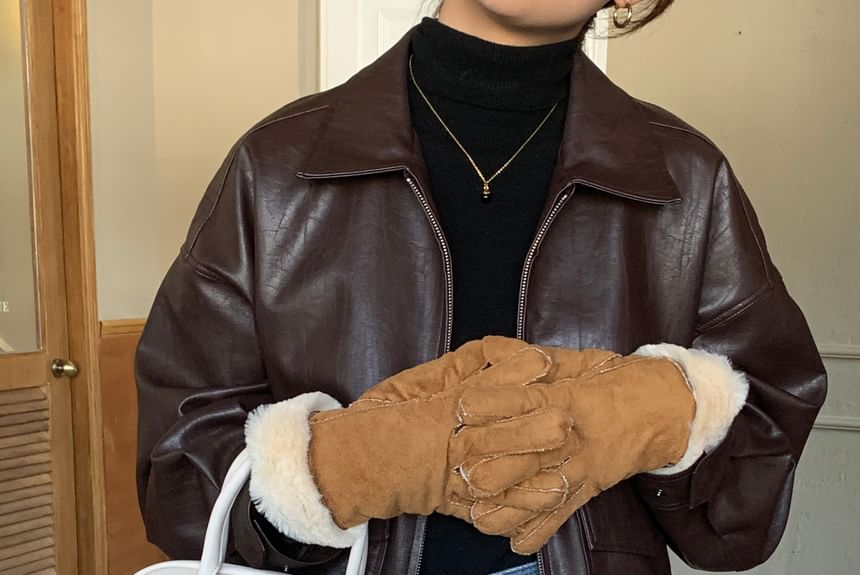 Plain Faux Trim Suede Gloves Fluffy