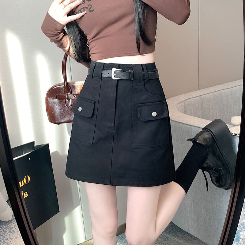 A-Line Plain Cargo Skirt Mini Rise High