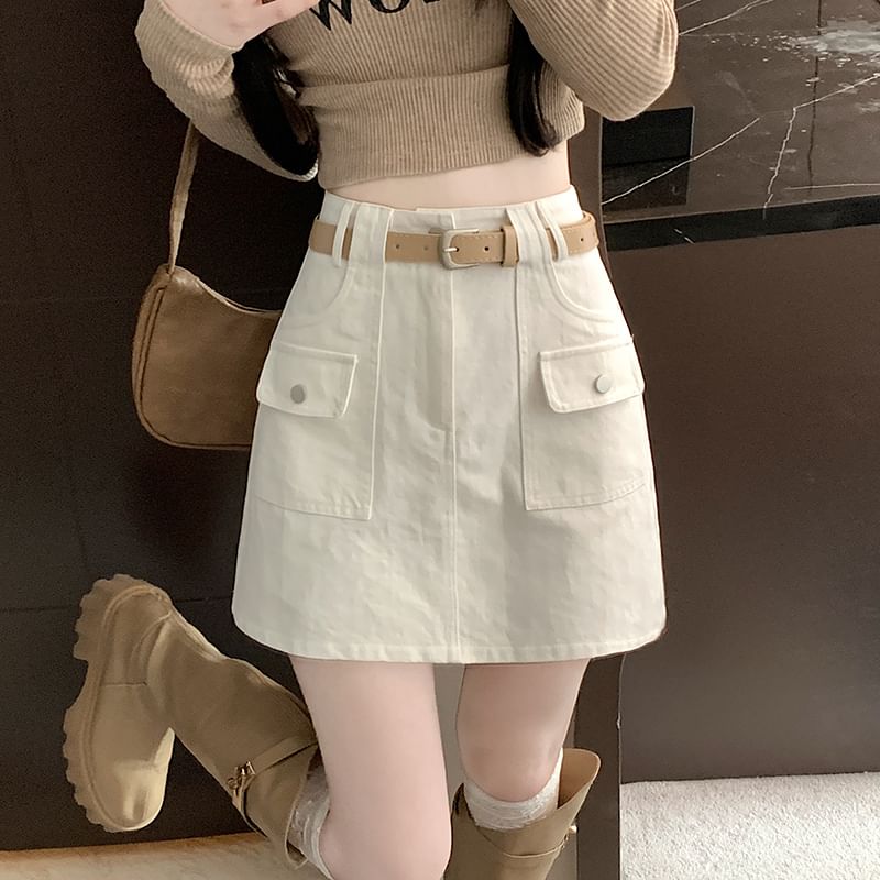 A-Line Plain Cargo Skirt Mini Rise High