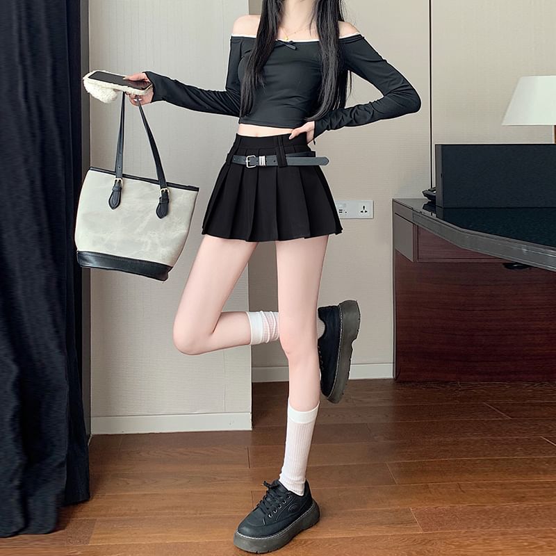 A-Line Mini Plain High Pleated Skirt Waist