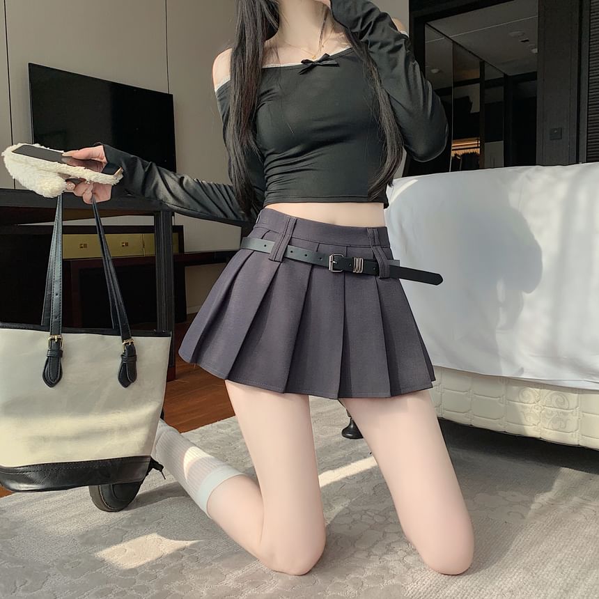A-Line Mini Plain High Pleated Skirt Waist