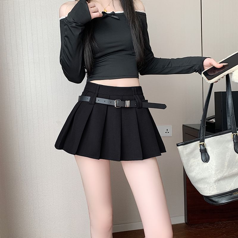 A-Line Mini Plain High Pleated Skirt Waist