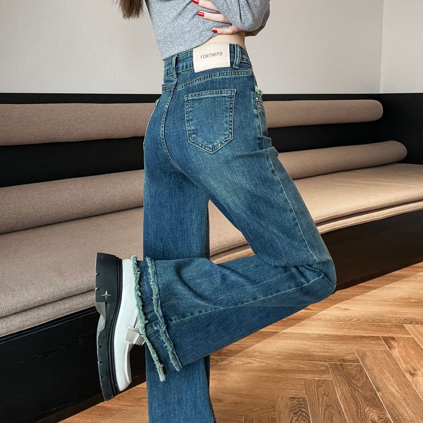 Waist Designs) Washed Fringed High (Various Bootcut Jeans