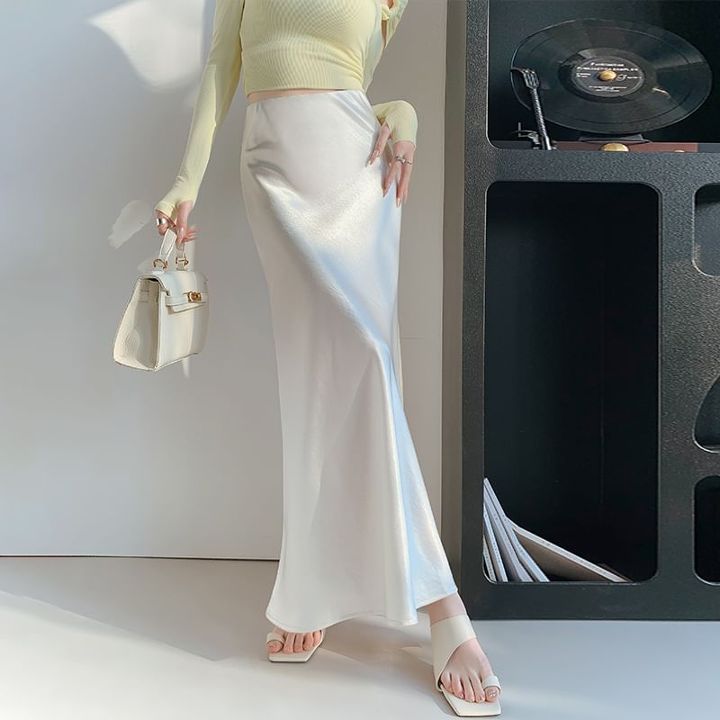 A-Line Satin Waist High Plain Midi Skirt