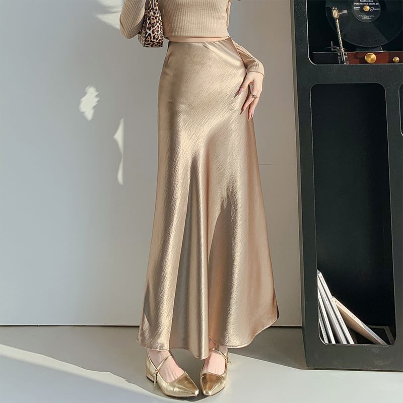 A-Line Satin Waist High Plain Midi Skirt