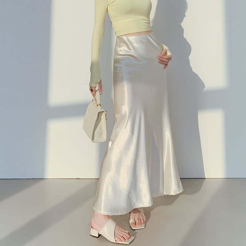 A-Line Satin Waist High Plain Midi Skirt