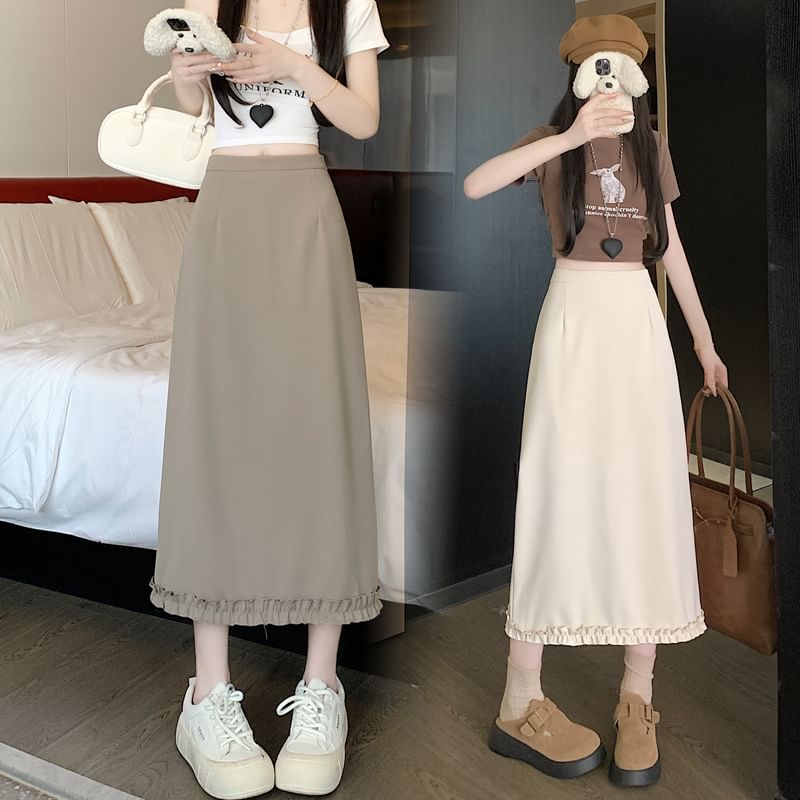 Slit A-Line Skirt High Midi Ruffle Trim Rise Plain