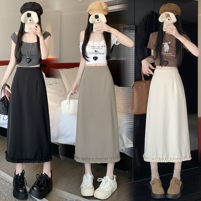 Slit A-Line Skirt High Midi Ruffle Trim Rise Plain