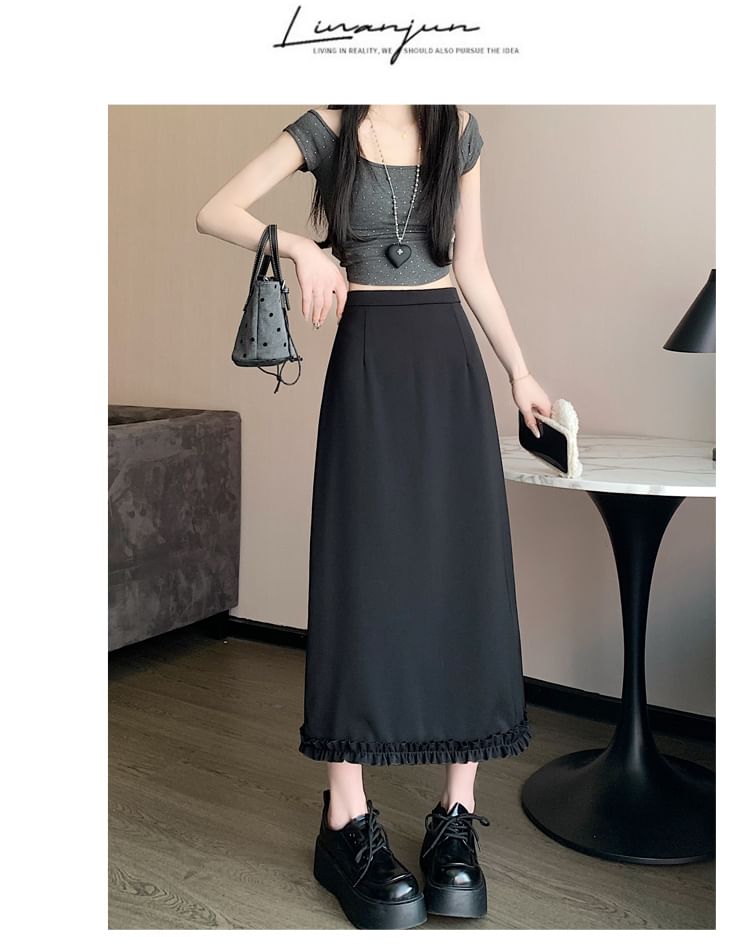 Slit A-Line Skirt High Midi Ruffle Trim Rise Plain