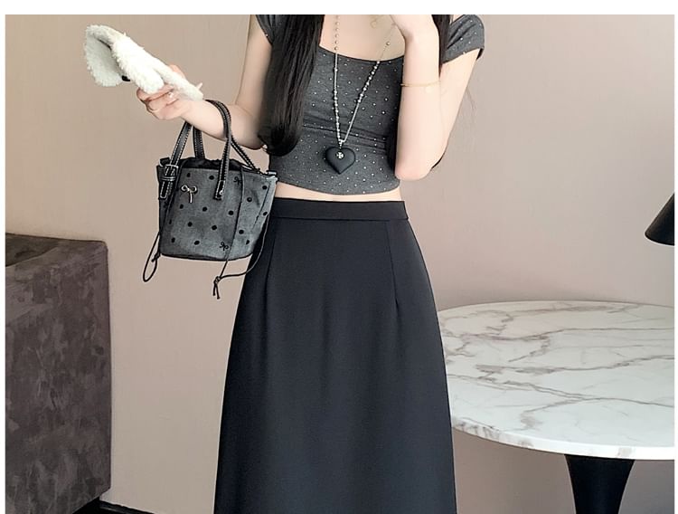 Slit A-Line Skirt High Midi Ruffle Trim Rise Plain