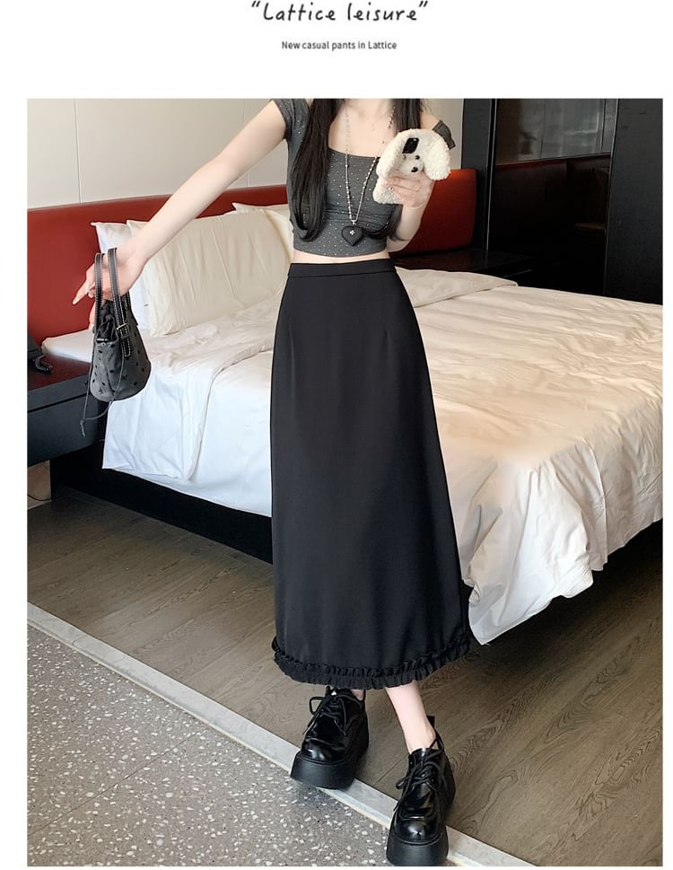 Slit A-Line Skirt High Midi Ruffle Trim Rise Plain