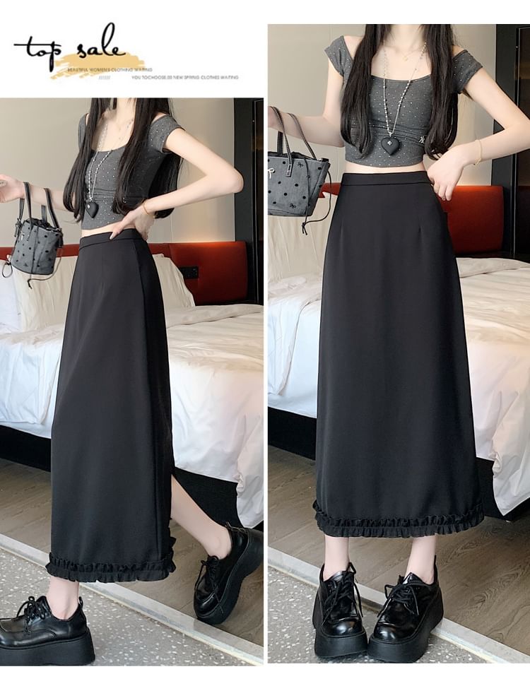 Slit A-Line Skirt High Midi Ruffle Trim Rise Plain