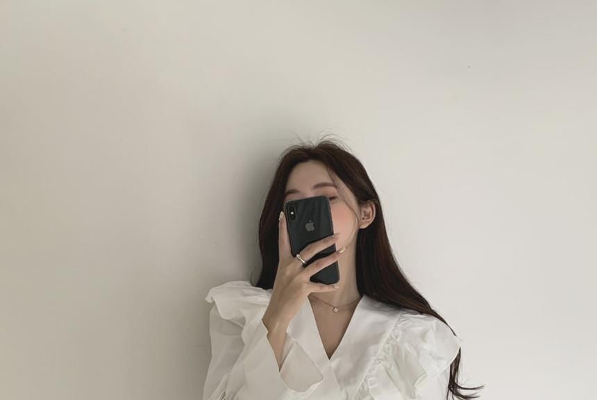 Dress A-Line Plain Collared Long-Sleeve V-Neck Mini