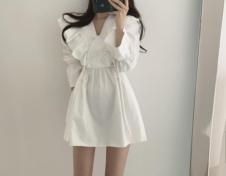Dress A-Line Plain Collared Long-Sleeve V-Neck Mini