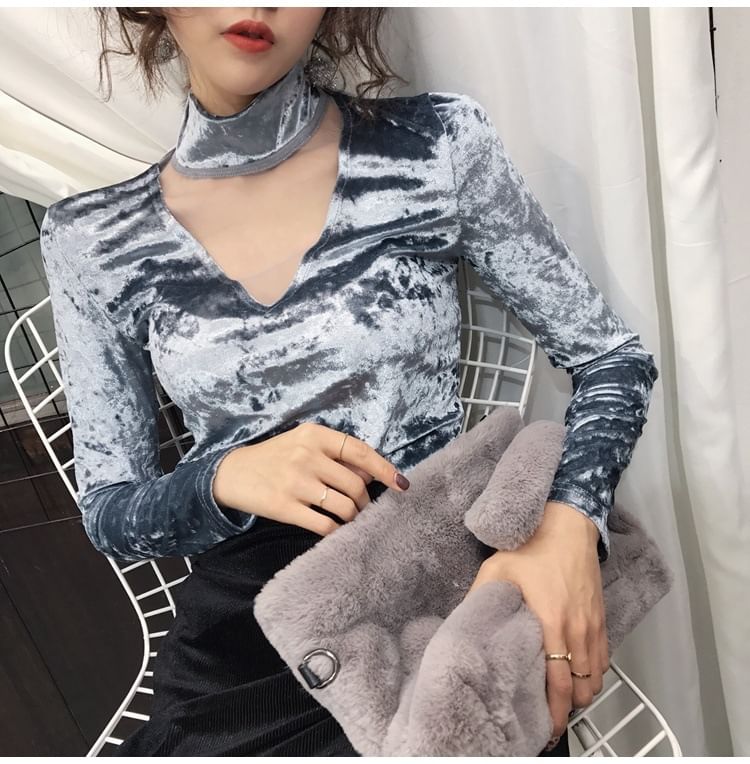 Top Mesh Long-Sleeve Panel Neck Velvet Mock