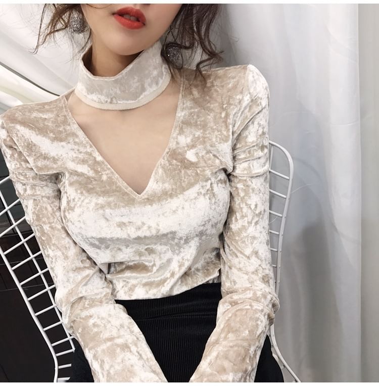 Top Mesh Long-Sleeve Panel Neck Velvet Mock