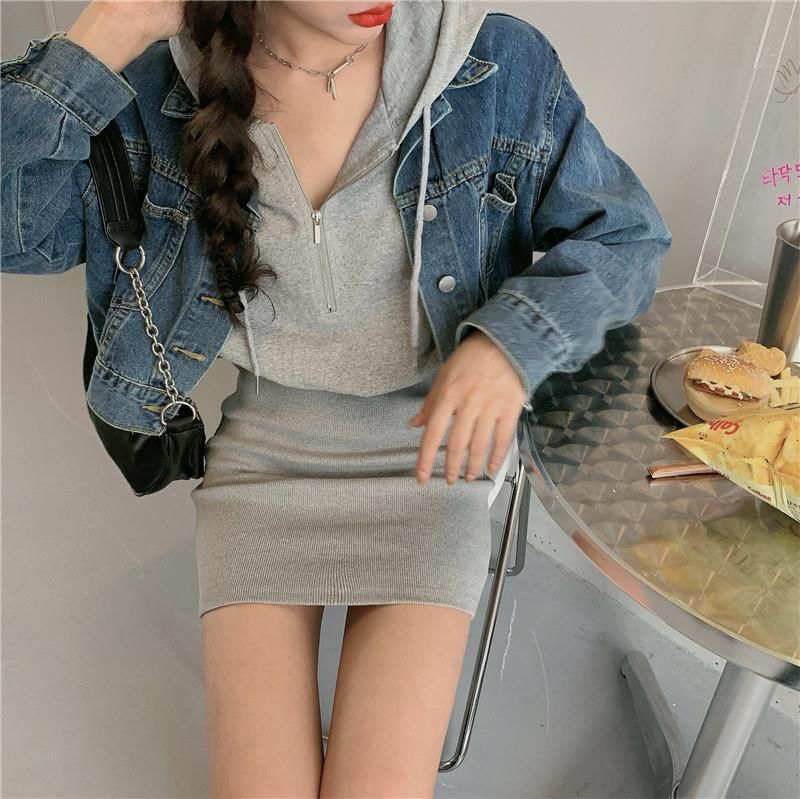 Mini Dress Plain Zip Hoodie Half