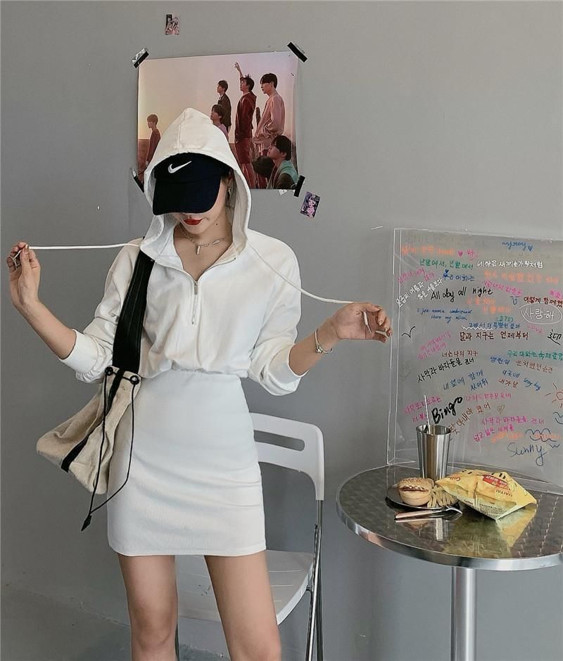 Mini Dress Plain Zip Hoodie Half