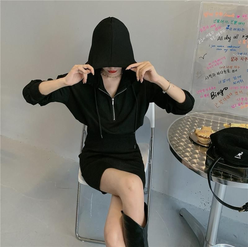 Mini Dress Plain Zip Hoodie Half