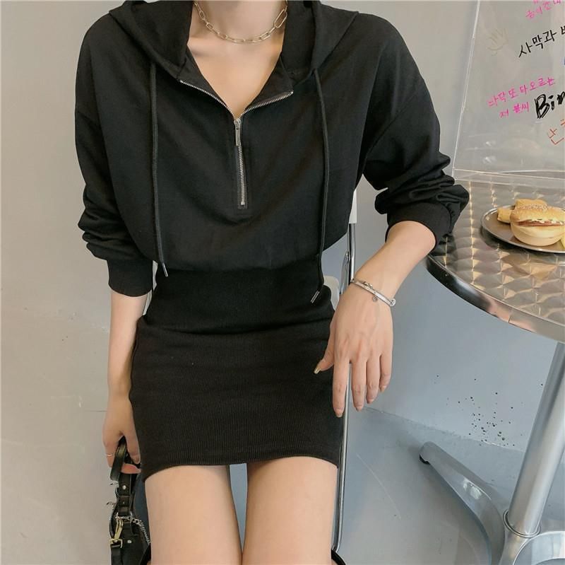 Mini Dress Plain Zip Hoodie Half