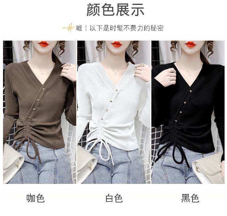 Long-Sleeve Plain V-Neck Top Crop Asymmetrical
