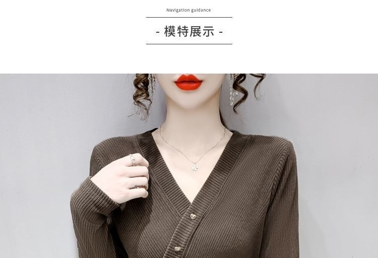 Long-Sleeve Plain V-Neck Top Crop Asymmetrical