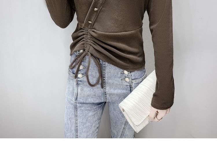 Long-Sleeve Plain V-Neck Top Crop Asymmetrical