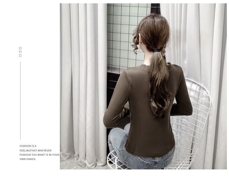 Long-Sleeve Plain V-Neck Top Crop Asymmetrical