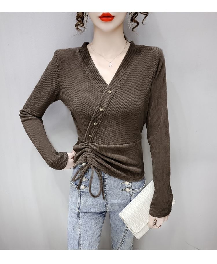 Long-Sleeve Plain V-Neck Top Crop Asymmetrical