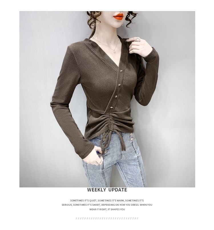 Long-Sleeve Plain V-Neck Top Crop Asymmetrical