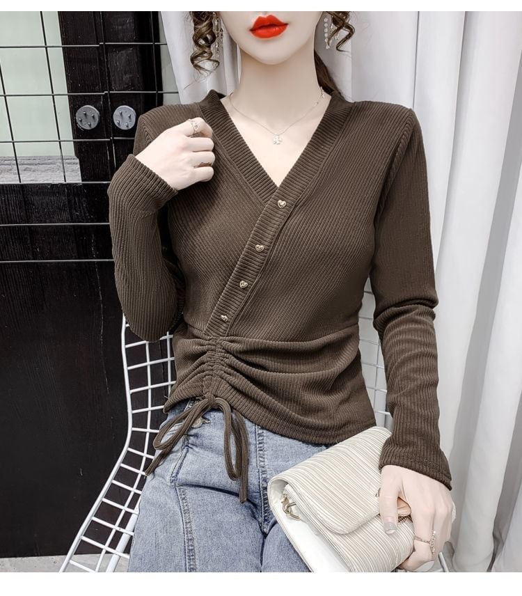 Long-Sleeve Plain V-Neck Top Crop Asymmetrical