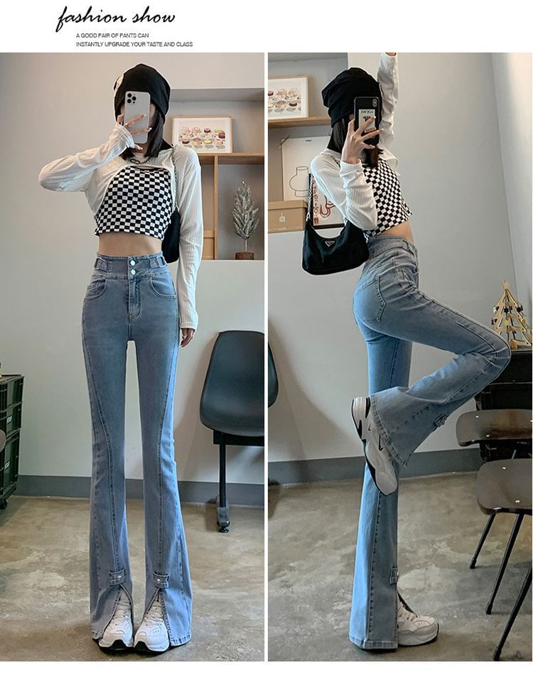 High Hem Jeans Slit Waist Flared