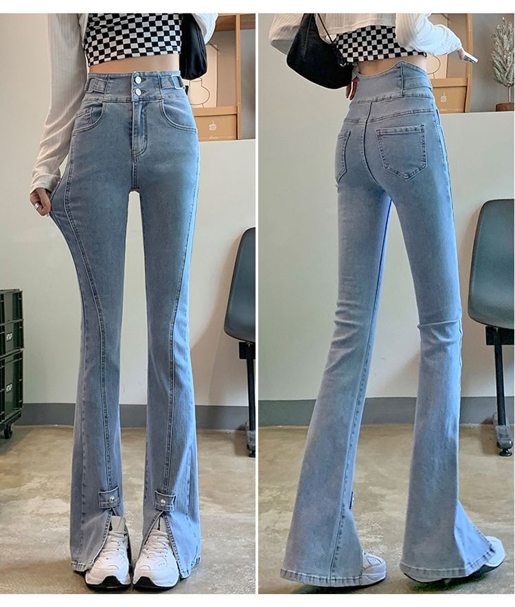 High Hem Jeans Slit Waist Flared