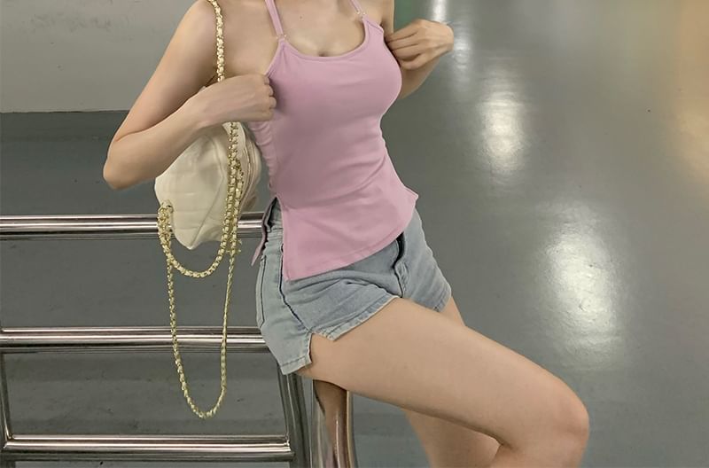 Neck Scoop Side-Slit Plain Fit Halter Top Slim