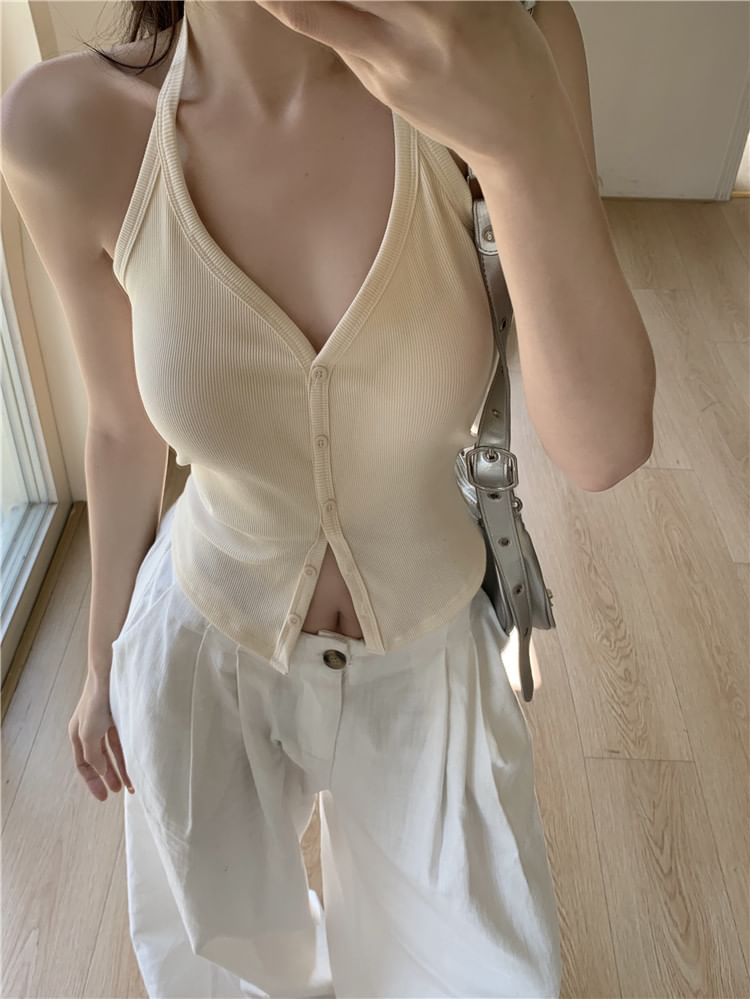 V-Neck Button-Up Halter Plain Top