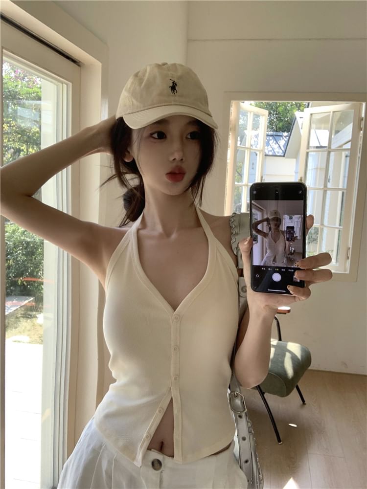 V-Neck Button-Up Halter Plain Top