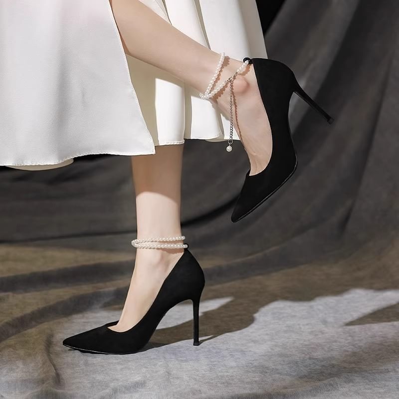 Pointy Pumps Stiletto Pearl Faux Strap Heel