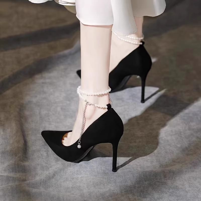 Pointy Pumps Stiletto Pearl Faux Strap Heel