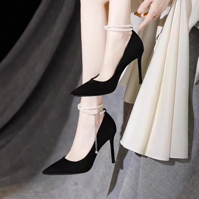 Pointy Pumps Stiletto Pearl Faux Strap Heel