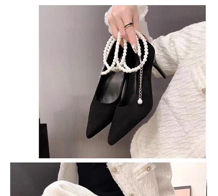 Pointy Pumps Stiletto Pearl Faux Strap Heel