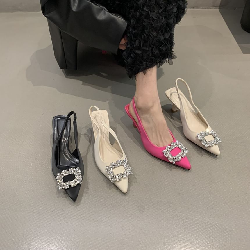 Rhinestone Heel Buckle Sandals Slingback Low