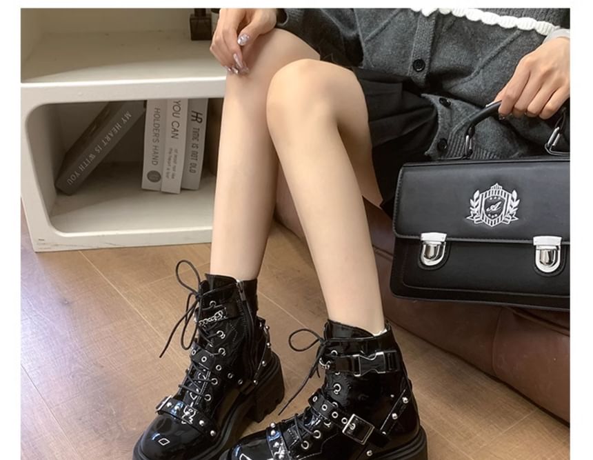 Platform Patent Buckled Boots Up Studded Lace Leather